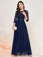 Lace Bodice Three-Quarter Sleeve Chiffon Maxi Formal Dress