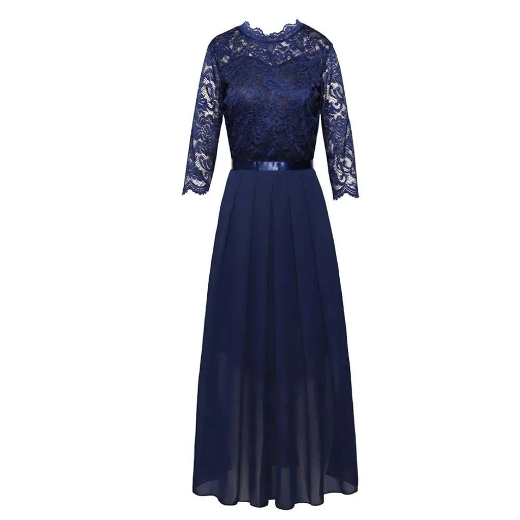 Lace Bodice Three-Quarter Sleeve Chiffon Maxi Formal Dress