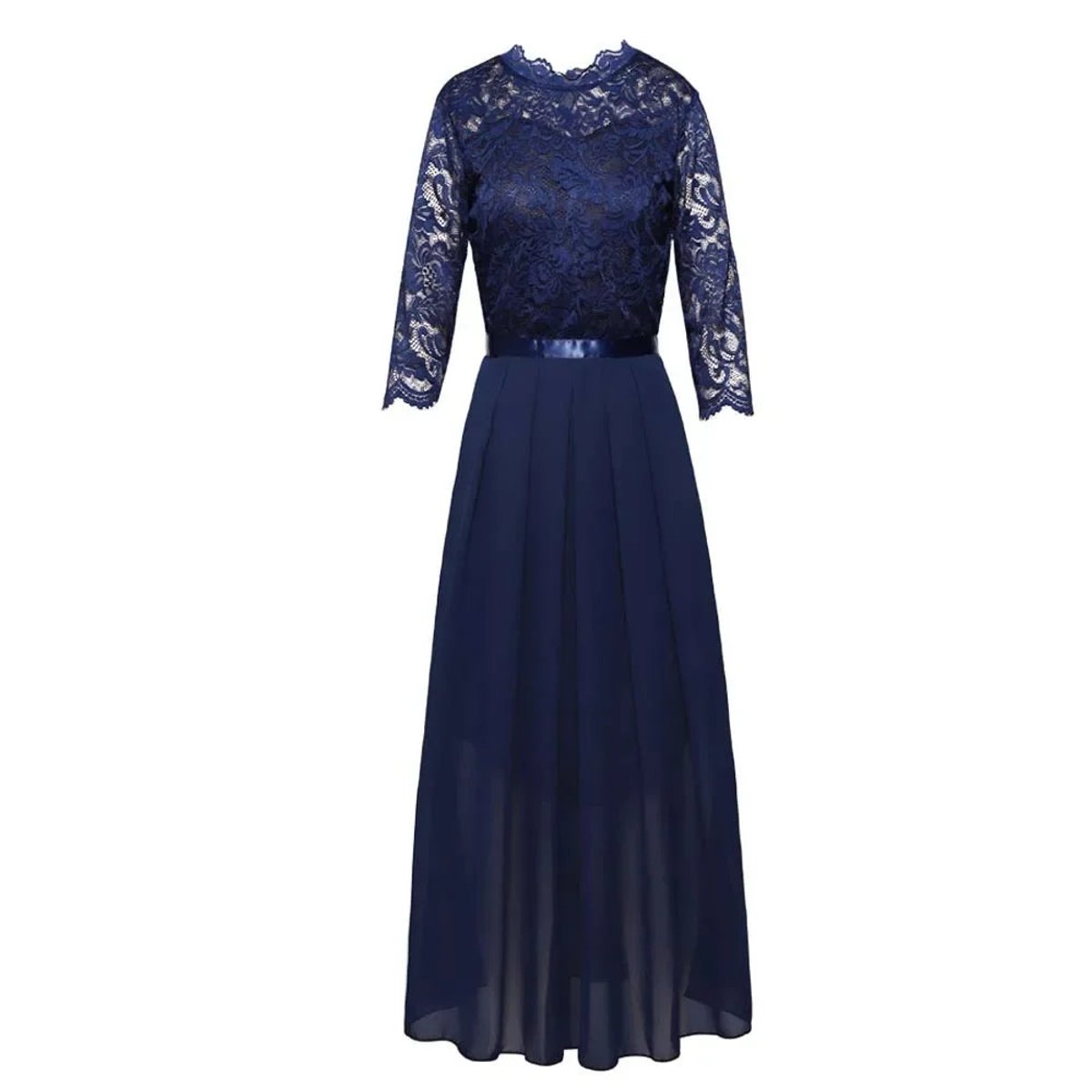 Lace Bodice Three-Quarter Sleeve Chiffon Maxi Formal Dress