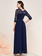 Lace Bodice Three-Quarter Sleeve Chiffon Maxi Formal Dress