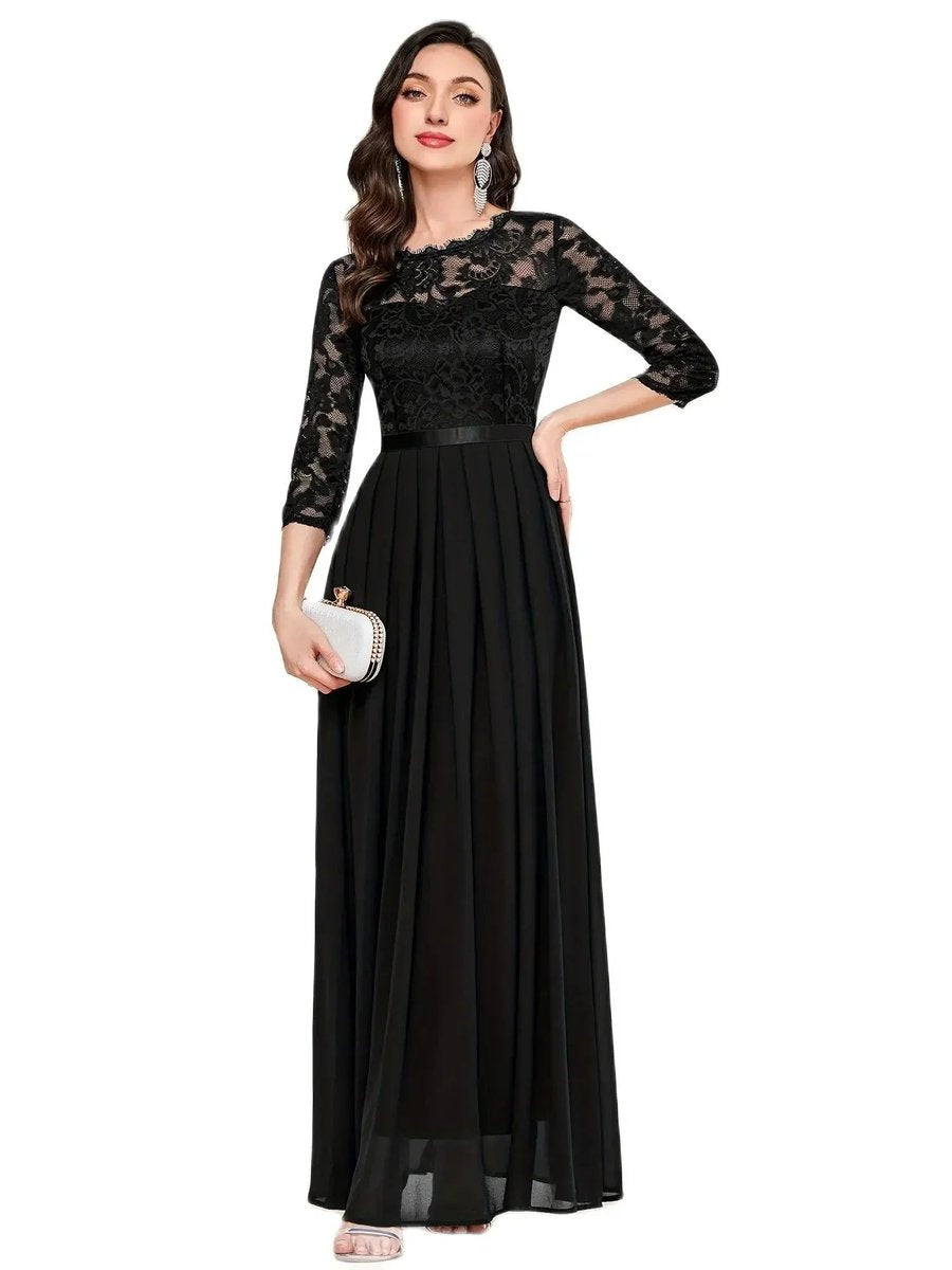 Lace Bodice Three-Quarter Sleeve Chiffon Maxi Formal Dress