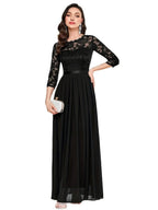 Lace Bodice Three-Quarter Sleeve Chiffon Maxi Formal Dress
