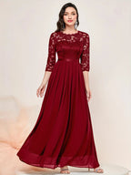 Lace Bodice Three-Quarter Sleeve Chiffon Maxi Formal Dress