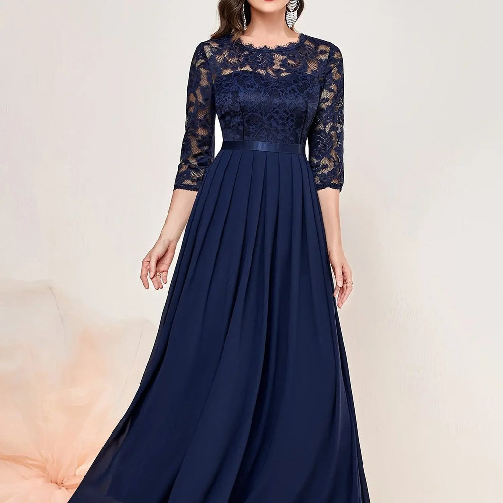 Lace Bodice Three-Quarter Sleeve Chiffon Maxi Formal Dress in Blue