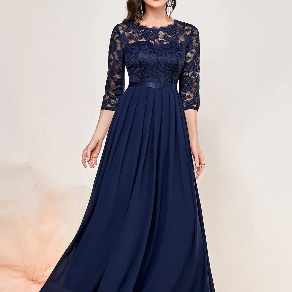 Lace Bodice Three-Quarter Sleeve Chiffon Maxi Formal Dress in Blue