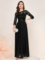Lace Bodice Three-Quarter Sleeve Chiffon Maxi Formal Dress in Black