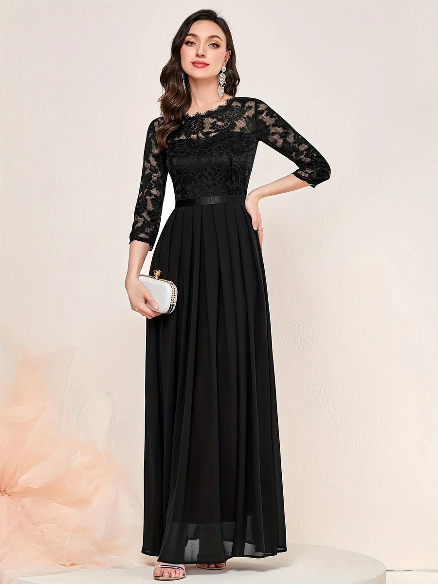 Lace Bodice Three-Quarter Sleeve Chiffon Maxi Formal Dress in Black