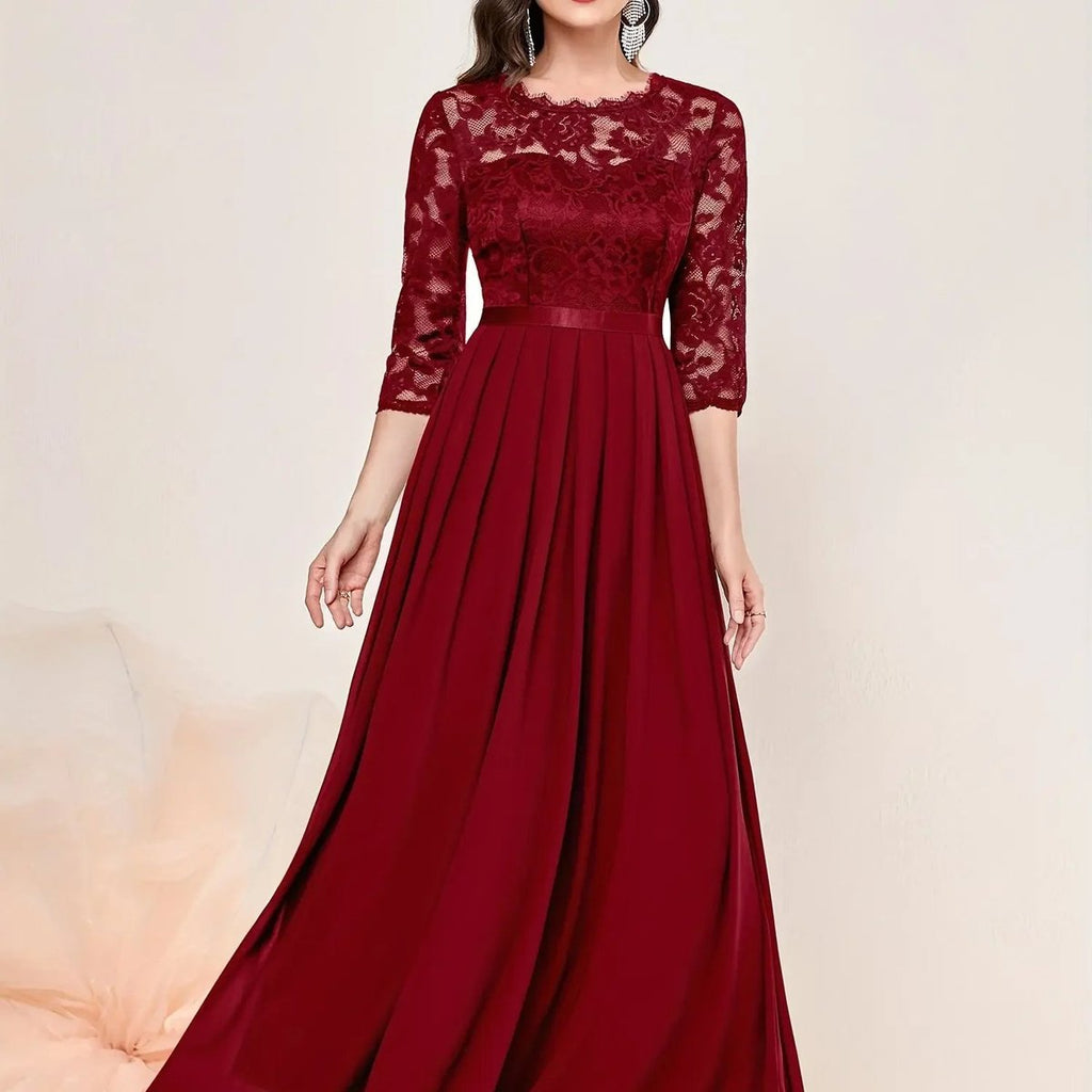 Lace Bodice Three-Quarter Sleeve Chiffon Maxi Formal Dress in Red