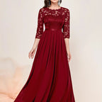 Lace Bodice Three-Quarter Sleeve Chiffon Maxi Formal Dress in Red