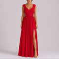 Lace-Shoulder Wrap Bodice Chiffon Maxi Wedding Guest Dress in Red