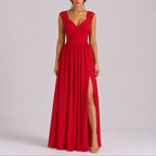 Lace-Shoulder Wrap Bodice Chiffon Maxi Wedding Guest Dress in Red