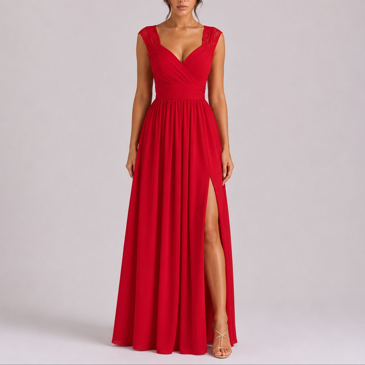 Lace-Shoulder Wrap Bodice Chiffon Maxi Wedding Guest Dress in Red