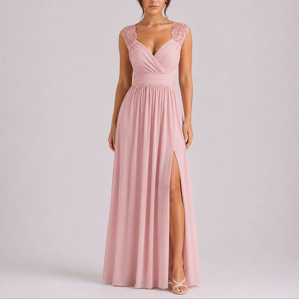 Lace-Shoulder Wrap Bodice Chiffon Maxi Wedding Guest Dress in Pink