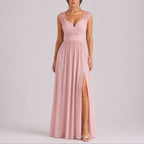 Lace-Shoulder Wrap Bodice Chiffon Maxi Wedding Guest Dress in Pink