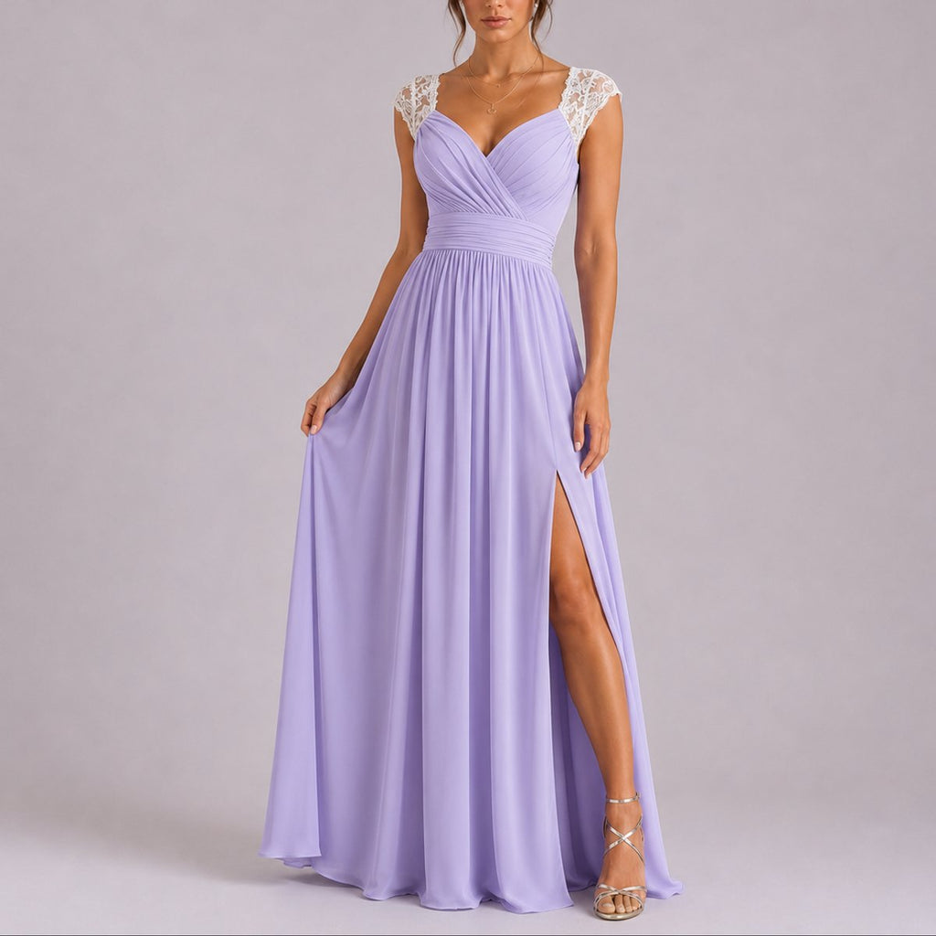 Lace-Shoulder Wrap Bodice Chiffon Maxi Wedding Guest Dress in Purple