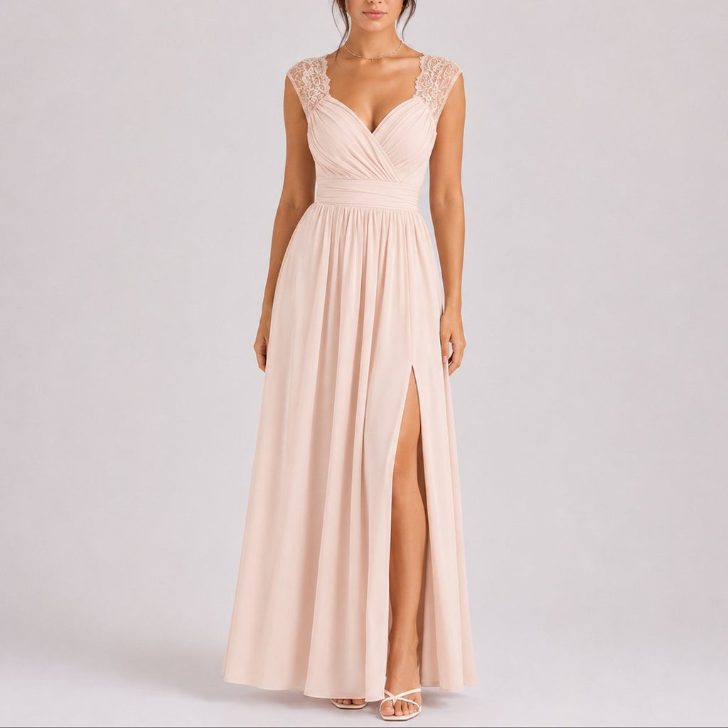 Lace-Shoulder Wrap Bodice Chiffon Maxi Wedding Guest Dress in Beige