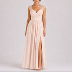 Lace-Shoulder Wrap Bodice Chiffon Maxi Wedding Guest Dress in Beige