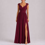 Lace-Shoulder Wrap Bodice Chiffon Maxi Wedding Guest Dress in Burgundy