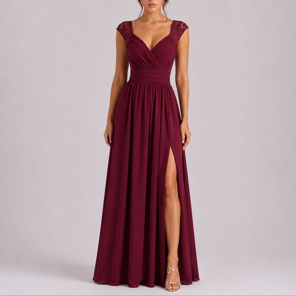 Lace-Shoulder Wrap Bodice Chiffon Maxi Wedding Guest Dress in Burgundy