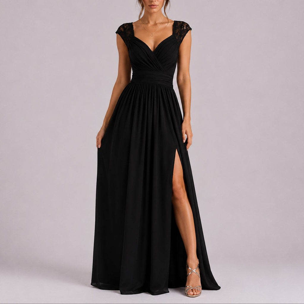 Lace-Shoulder Wrap Bodice Chiffon Maxi Wedding Guest Dress in Black