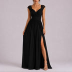 Lace-Shoulder Wrap Bodice Chiffon Maxi Wedding Guest Dress in Black