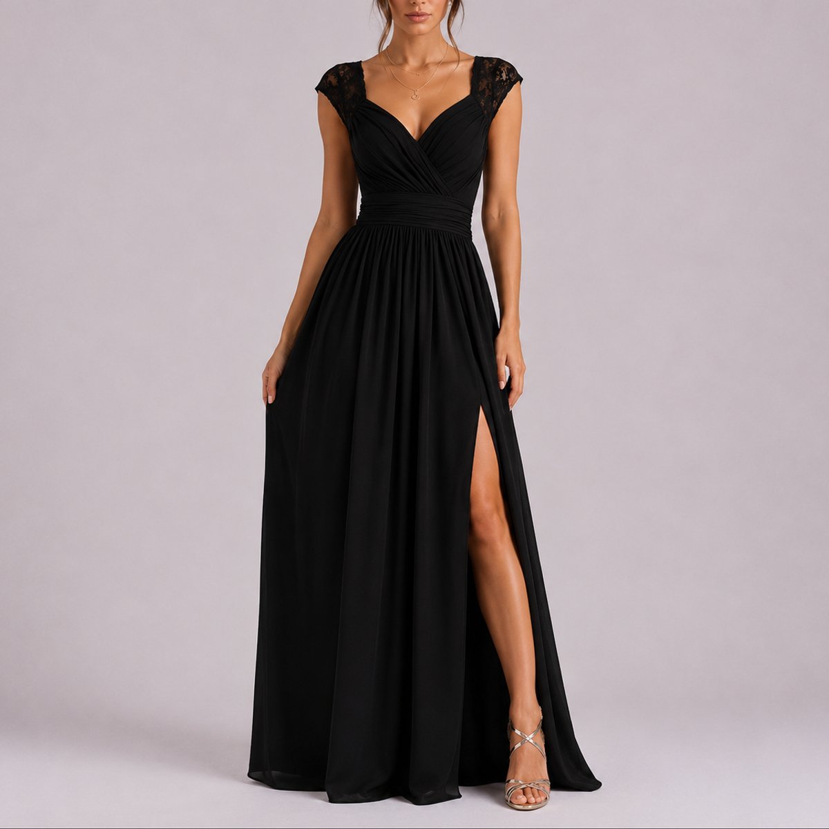 Lace-Shoulder Wrap Bodice Chiffon Maxi Wedding Guest Dress in Black