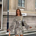 Round-Neck Long Flared-Sleeve Sequin Mini Party Dress