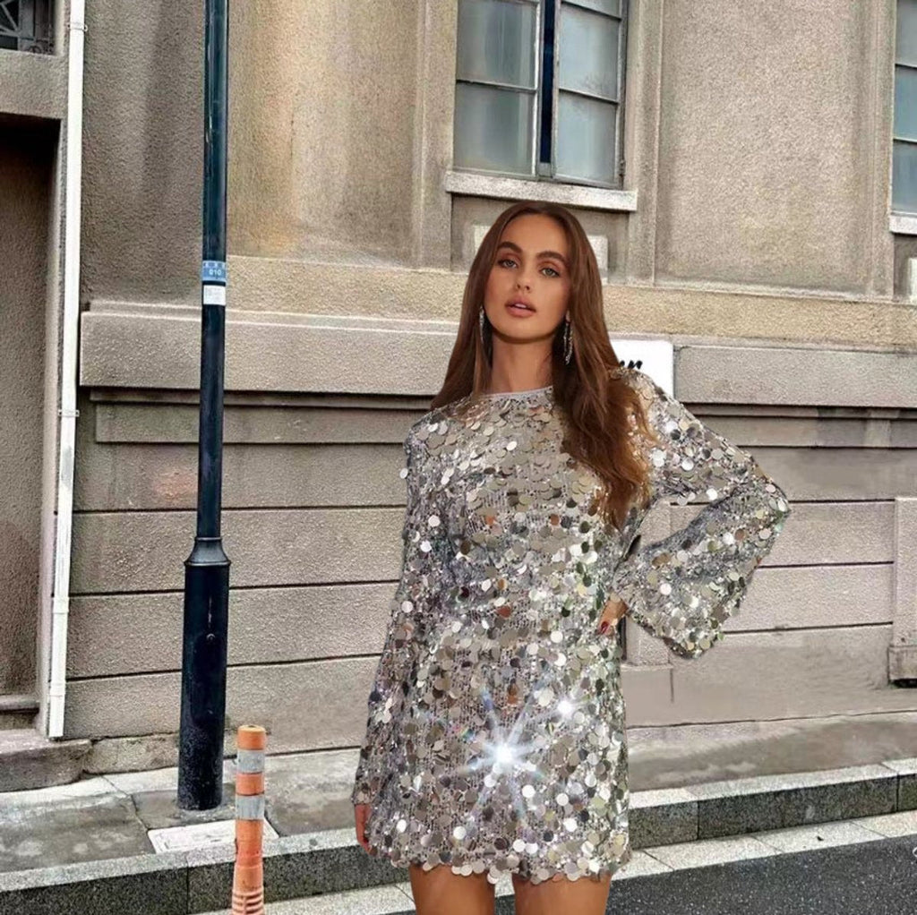 Round-Neck Long Flared-Sleeve Sequin Mini Party Dress