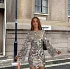 Round-Neck Long Flared-Sleeve Sequin Mini Party Dress in Silver