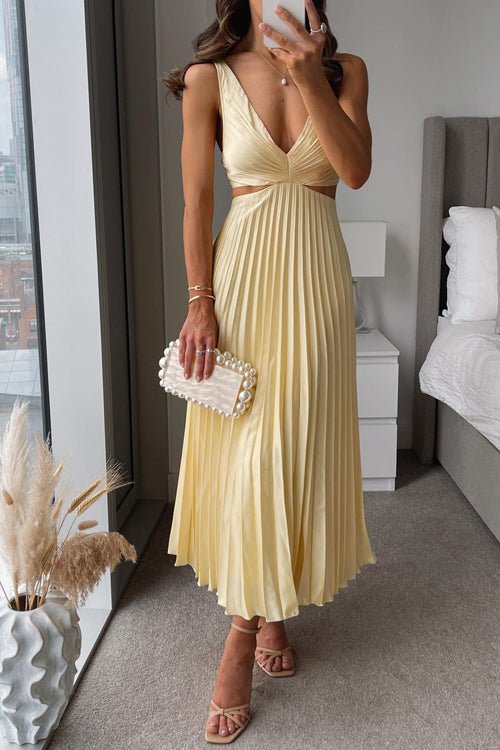 V-Neck Waist Cut-Out Pleated Midi Wedding Guest Dress in Yellow