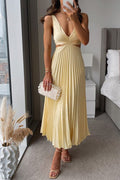 V-Neck Waist Cut-Out Pleated Midi Wedding Guest Dress in Yellow