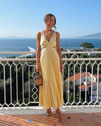 V-Neck Waist Cut-Out Pleated Midi Wedding Guest Dress