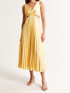 V-Neck Waist Cut-Out Pleated Midi Wedding Guest Dress