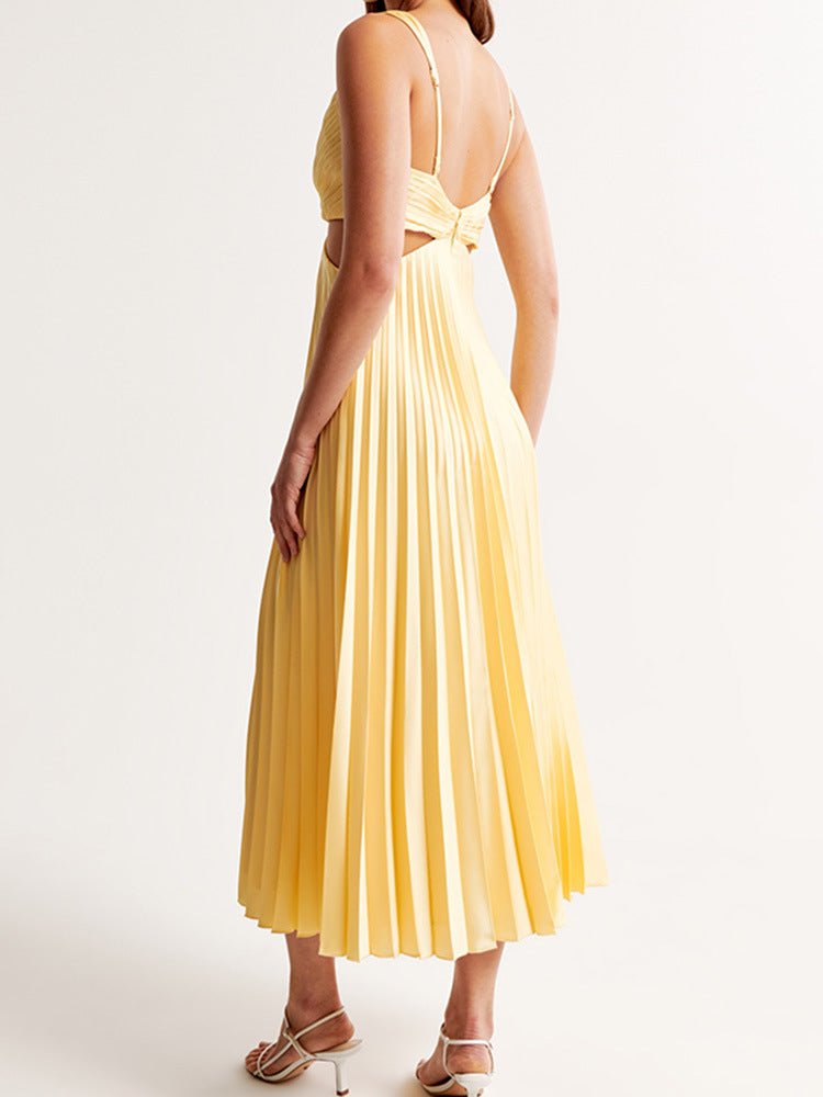 V-Neck Waist Cut-Out Pleated Midi Wedding Guest Dress
