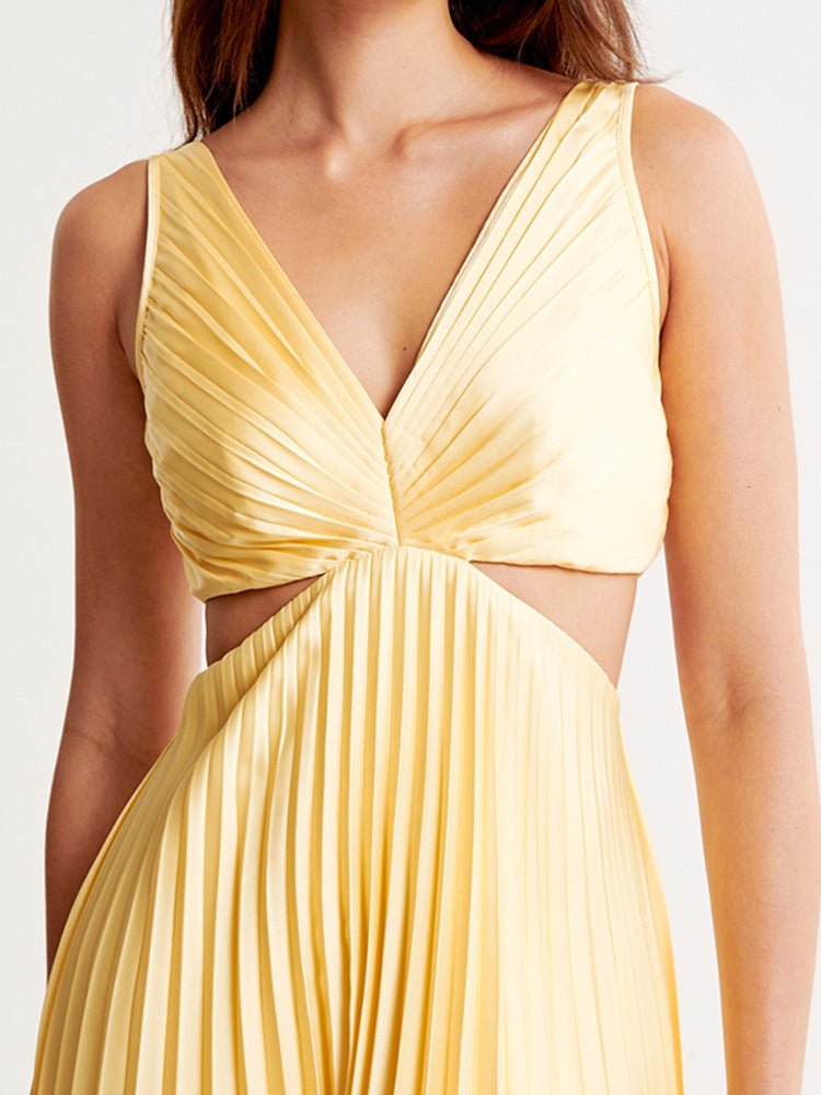 V-Neck Waist Cut-Out Pleated Midi Wedding Guest Dress