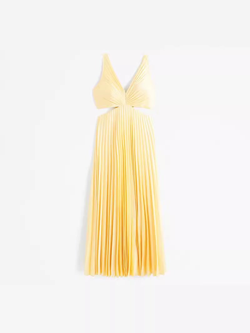 V-Neck Waist Cut-Out Pleated Midi Wedding Guest Dress