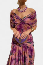 Off-Shoulder Twist-Front Ruched Chiffon Maxi Party Dress in Purple