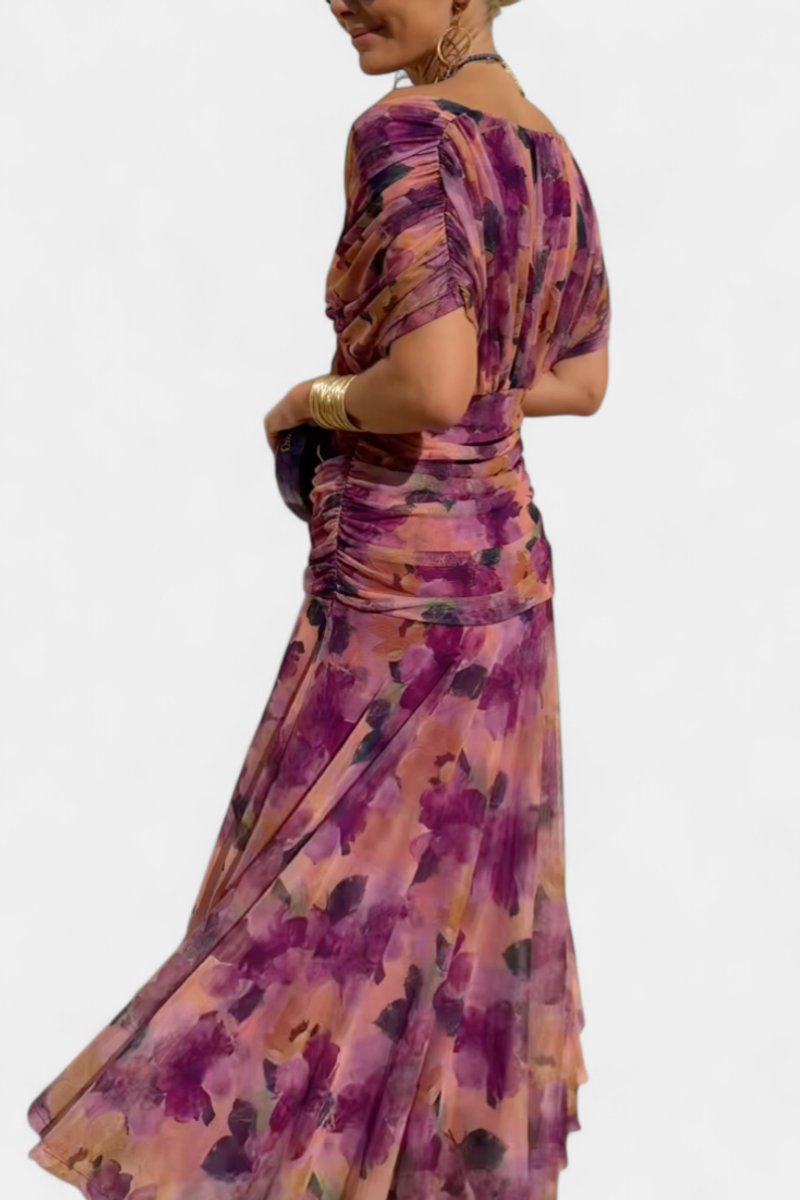 Off-Shoulder Twist-Front Ruched Chiffon Maxi Party Dress