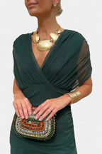 Off-Shoulder Twist-Front Ruched Chiffon Maxi Party Dress in Gree