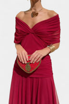 Off-Shoulder Twist-Front Ruched Chiffon Maxi Party Dress in Red