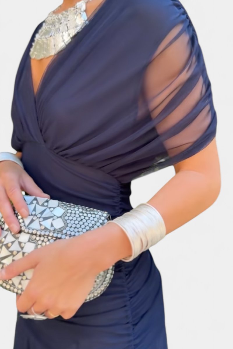 Off-Shoulder Twist-Front Ruched Chiffon Maxi Party Dress in Blue