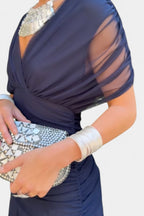 Off-Shoulder Twist-Front Ruched Chiffon Maxi Party Dress in Blue