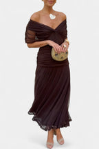 Off-Shoulder Twist-Front Ruched Chiffon Maxi Party Dress