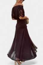 Off-Shoulder Twist-Front Ruched Chiffon Maxi Party Dress