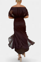 Off-Shoulder Twist-Front Ruched Chiffon Maxi Party Dress