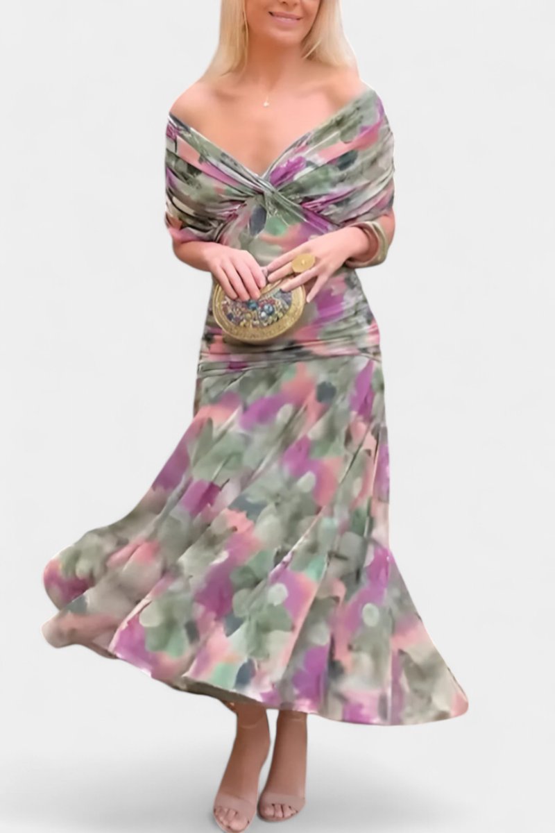 Off-Shoulder Twist-Front Ruched Chiffon Maxi Party Dress in Multicolour