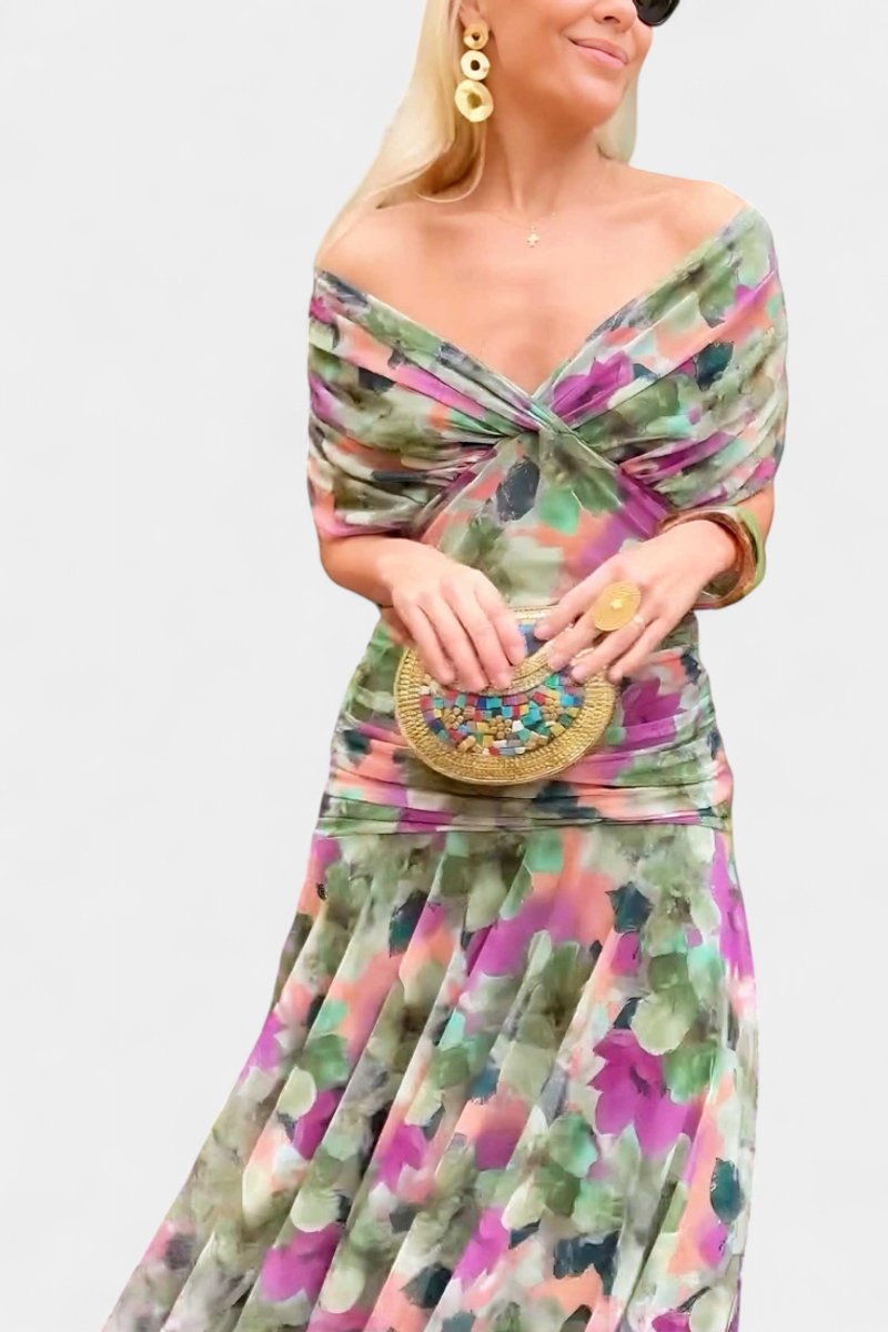 Off-Shoulder Twist-Front Ruched Chiffon Maxi Party Dress
