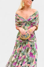 Off-Shoulder Twist-Front Ruched Chiffon Maxi Party Dress