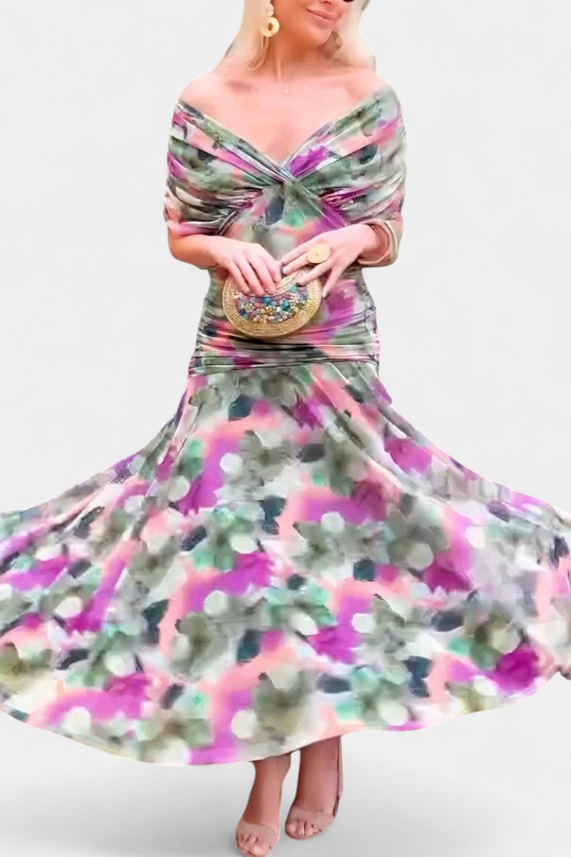 Off-Shoulder Twist-Front Ruched Chiffon Maxi Party Dress