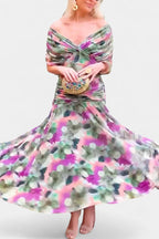 Off-Shoulder Twist-Front Ruched Chiffon Maxi Party Dress